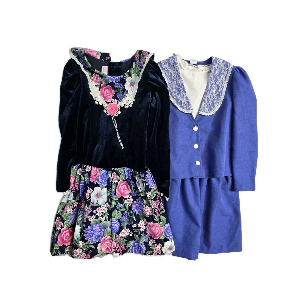 Vintage Girls Dress Size 10 Blue Floral L.A. Touch Lot Of 2